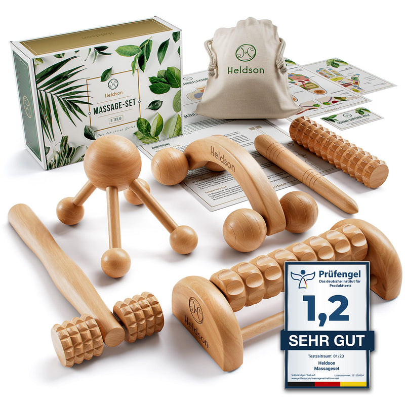 Heldson Premium Wooden Massage Set [Set Of 6] Including German Instructions And Double-Sided Cards With Cotton Bag - Massage Roller Trigger Point Massager Foot Massage Roller - NewNest Australia
