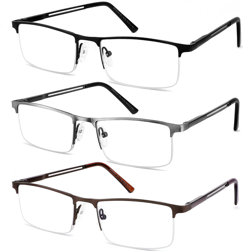 JJWELL 3PCS Men's Reading Glasses with Blue Light Filter, Blue Light Men's Reading Glasses, Rectangular Half Metal Reading Glasses Reading Aid, Anti-Eye Strain/UV, Anti-Blue Light Glasses with Vision 2.0 Black Gunmetal Brown 2.0 x - NewNest Australia