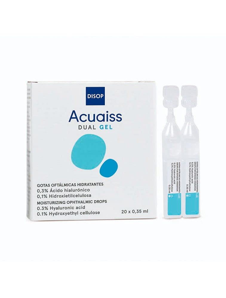 Acuaiss DUAL GEL eye drops with hyaluronic acid for severe dry eyes. Without preservative substances. Wetting drops with a liquid base and viscous texture. Single doses. 20 x 0.35ml" - NewNest Australia