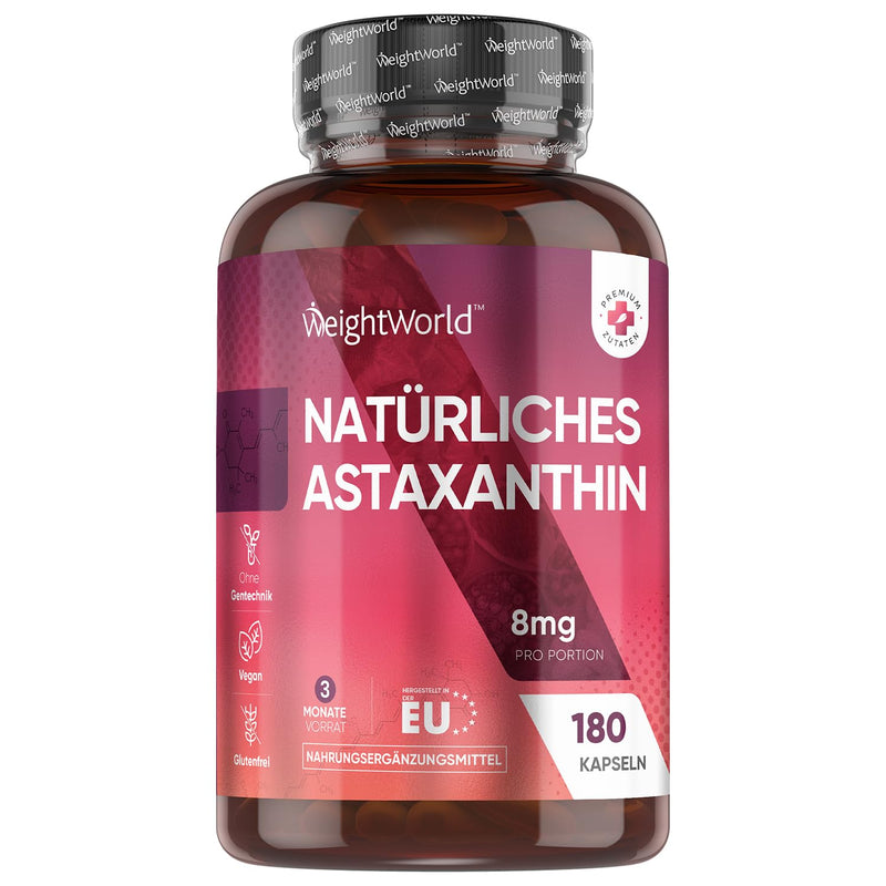 Natural & Pure Astaxanthin 8Mg - 160Mg Haematococcus Pluvialis Algae (Sea Algae) - 180 Vegan Capsules For 3 Months - With High Bioavailability Astaxanthin - For Women & Men - Weightworld - NewNest Australia