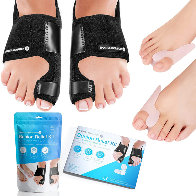 Sports Laboratory Hallux Valgus Correction Set For Day And Night - 2 X Hallux Valgus Splints, 2 X Toe Separators And 1 X Guide - Pain Relief And Protection - Adjustable Fit (Black) - NewNest Australia