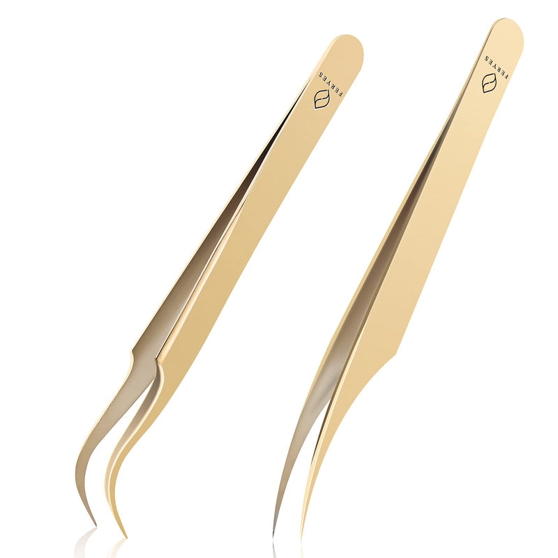 Feryes Eyelash Extension Eyelash Tweezers, Professional Dolphin And Boot Tweezers, Stainless Steel Eyelash Extension Set, Volume Precise Eyelash Tweezers With Tin Box, 2 Pieces, Gold Plated - NewNest Australia
