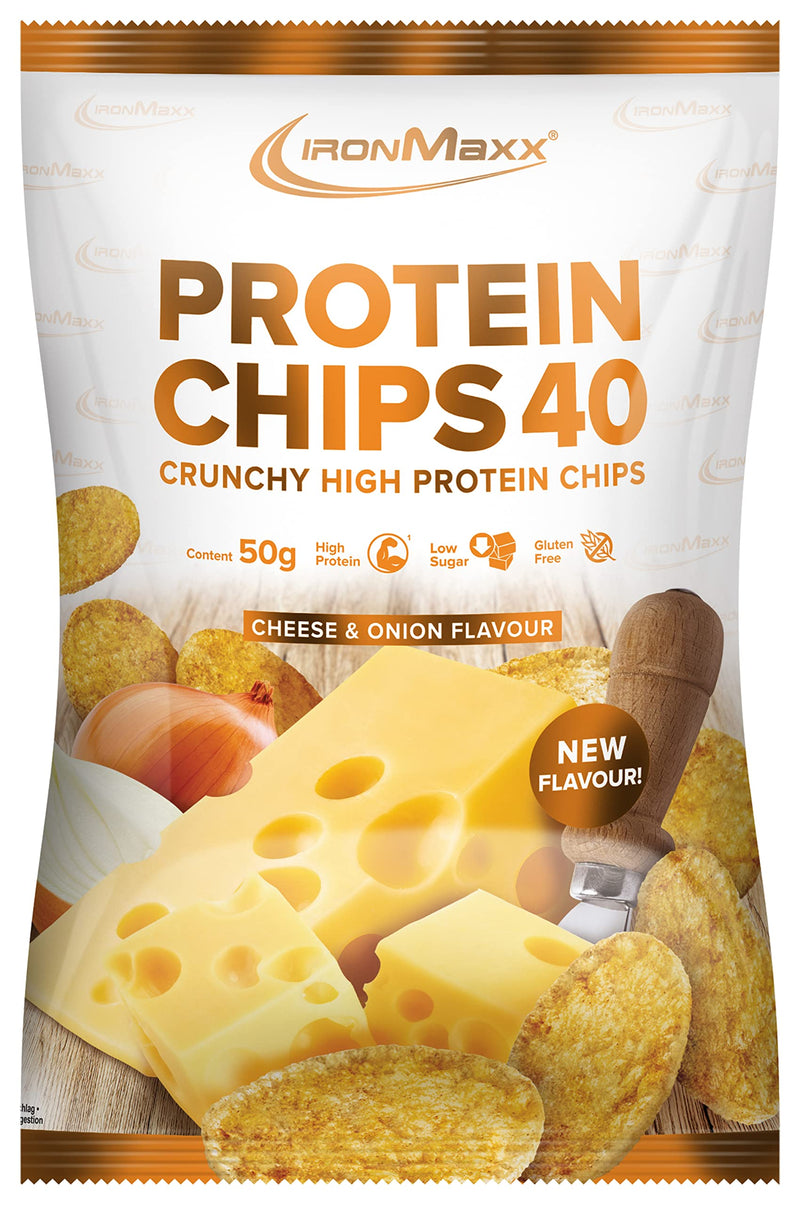 Ironmaxx Protein Chips 40, Cheese & Onion Flavor, Pack Of 1, 1 X 50 G, High Protein, Low Carb, Gluten Free, Low Fat And Sugar Reduced, 20 G Protein Per Bag, Designed In Germany - NewNest Australia