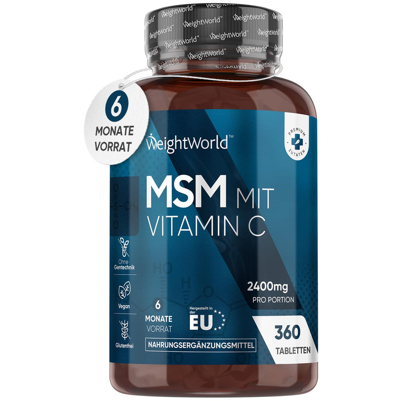 MSM 2400mg with vitamin C - 360 tablets for 6 months supply - For bones, joints, skin & immune system - Alternative to MSM capsules - Vegan & natural ingredients - MSM sulfur - WeightWorld MSM & Vitamin C - NewNest Australia