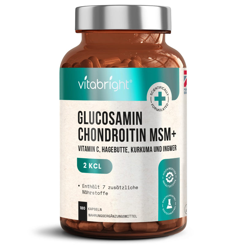 Glucosamine Chondroitin MSM Capsules High Dose - With Turmeric, Vitamin C, Ginger & Rose Hip - 180 Capsules Glucosamine Chondroitin High Dose - Premium Joint Capsules - Made in UK by VitaBright - NewNest Australia