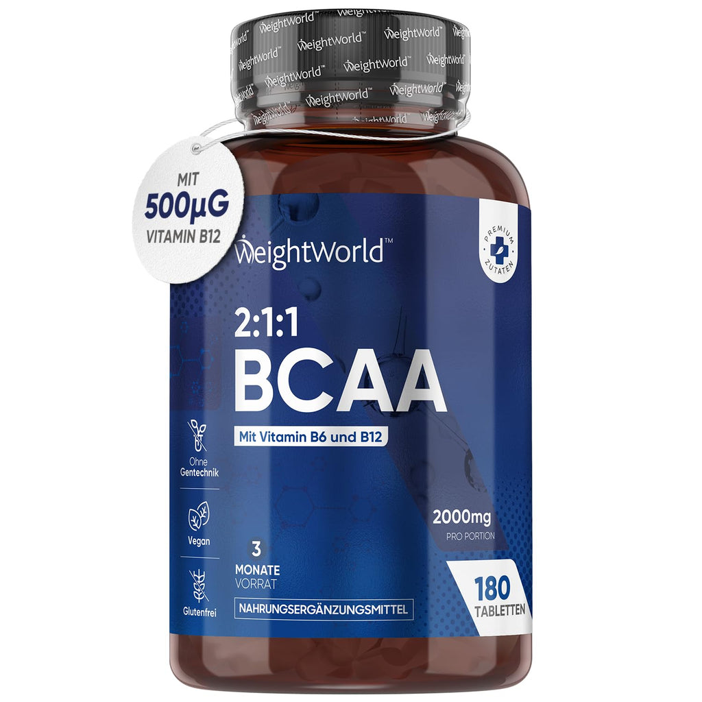 Bcaa 2000 Mg With 500 Œºg Vitamin B12-180 Vegan Tablets With Pure Bcaas - 3 Months - Branched Chain Essential Amino Acids L-Leucine, L-Isoleucine, L-Valine - Vitamin B6 - Fitness Weightworld - NewNest Australia