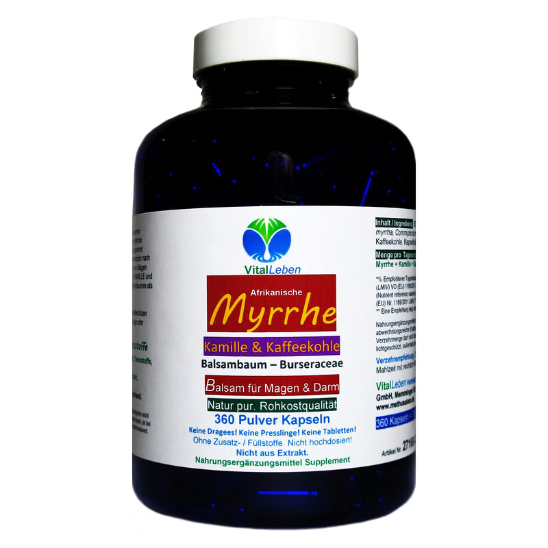 MYRRH + CHAMOMILE + COFFEE CHARCOAL 360 powder capsules for the stressed intestine according to AYURVEDA and Hildegard von Bingen - pure NATURE - WITHOUT ADDITIVES [6 months] 27160-360 360 pieces (pack of 1) - NewNest Australia