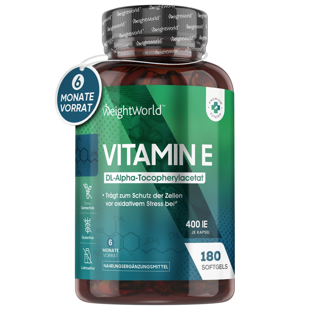 Vitamin E 180 Soft Capsules 400 Iu - 180 Vitamins Softgels - 6 Month Supply - Vitamin E Helps Protect Cells From Oxidative Stress - E Vitamin Oil Alpha Tocopheryl Acetate - From Weightworld - NewNest Australia