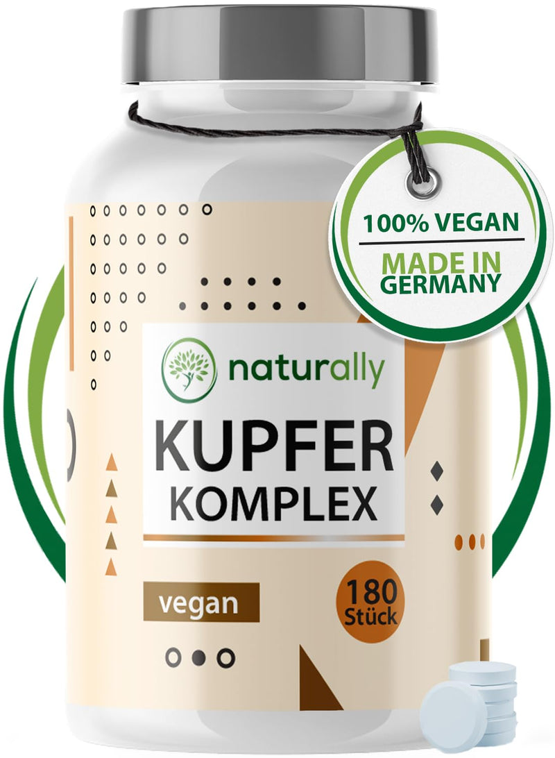 naturally 2mg copper tablets - 180 tablets, complex with copper bisglycinate, copper gluconate and copper citrate, copper supplement, without additives, vegan, laboratory tested - NewNest Australia