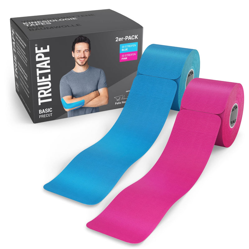 Truetape Basic Kinesiology Tapes Pre-Cut Tape Duo Pack Kinesiology Tape Waterproof And Elastic Skin-Friendly 2 X 20 Precut Stripes Each 25 Cm X 5 Cm Pink And Blue - NewNest Australia