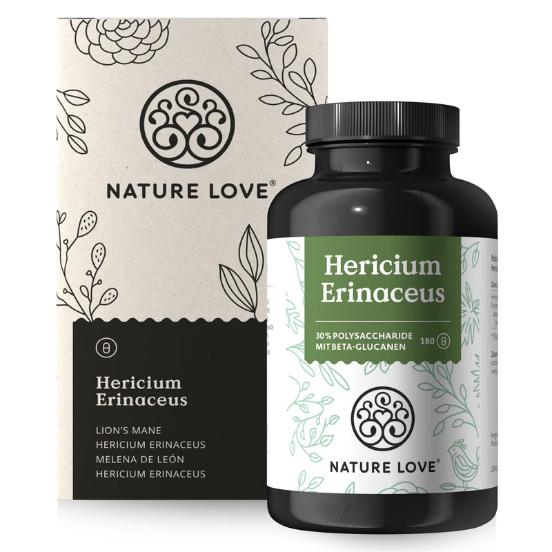 Nature Love Hericium Erinaceus - 180 Capsules - High Dose With 1500 Mg 30:1 Extract Per Daily Dose - 30% Polysaccharides And 5% Beta Glucans - Lions Mane Mushroom - Vegan And Laboratory Tested - NewNest Australia