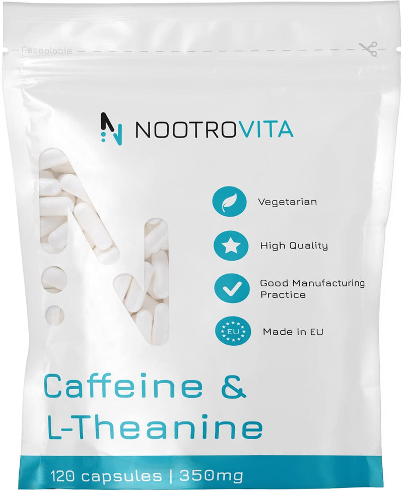 Caffeine L Theanine, 350 Mg, 120 Capsules, Better Concentration, Attention, Mood And Alertness, Vegan Caffeine Tablets 100 Mg With L-Theanine 250 Mg Nootrovita - NewNest Australia