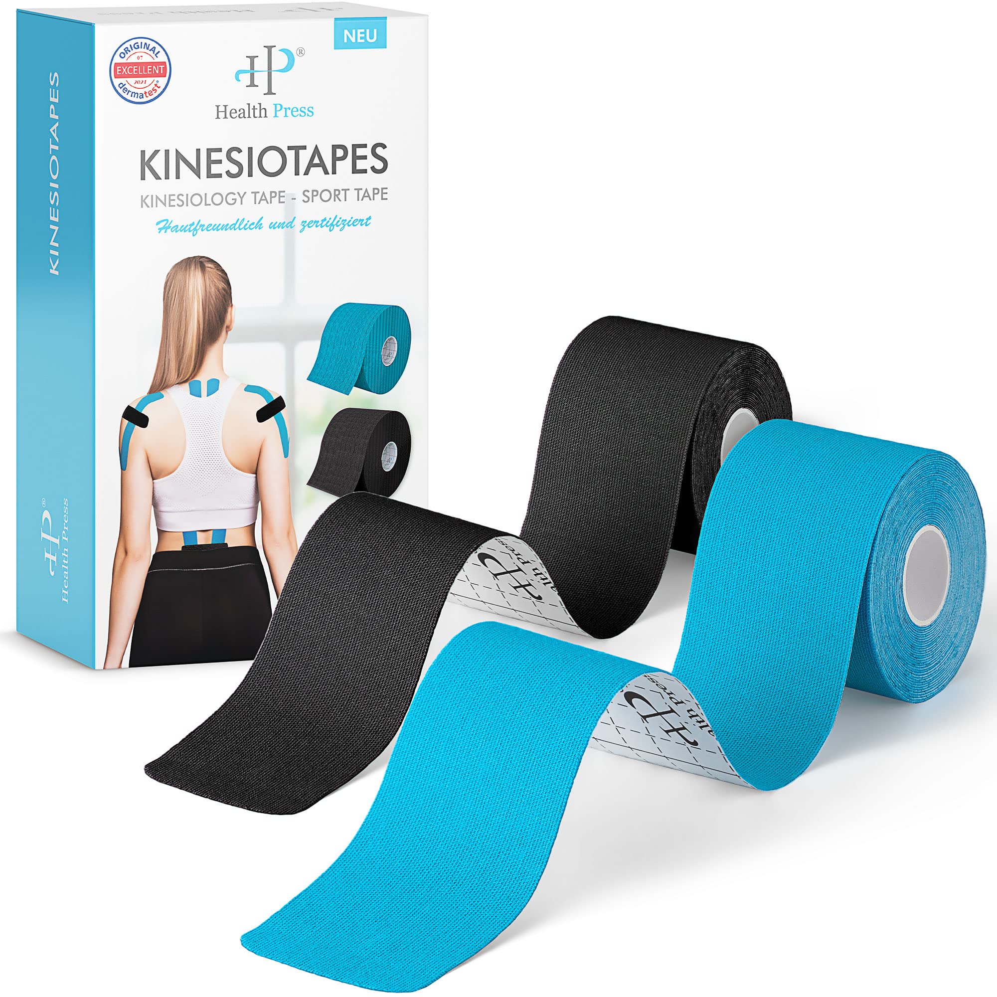 Health Press Tape Kinesiologico – 2 Rotoli di Tape Sportivo Blu + Nero (5  cm x 5 m) – Kinesio Taping – Nastro Professionale per Fisioterapia - Nastro  Kinesiologico Adesivo - DERMATEST: Molto Buono