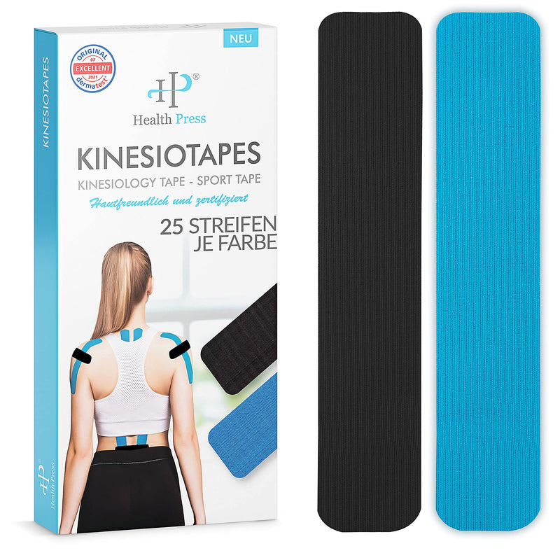 Health Press Kinesiology Tapes - 50 Kinesiology Tape Stripes Precut Blue + Black (25 Cm X 5 Cm) Kinesiology Tape - Professional Physio Tape And Sports Tape - Skin-Friendly Tapes Dermatest: Very Good - NewNest Australia