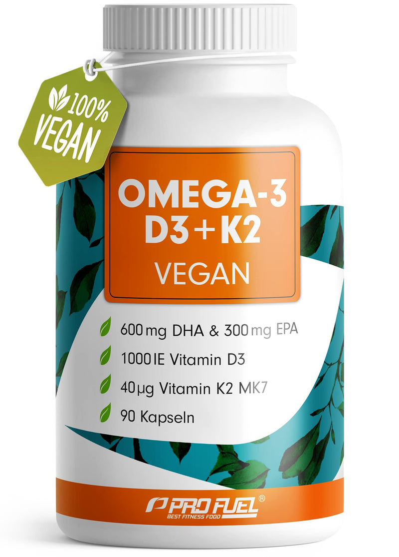 Omega-3 vegan + D3 & K2 (90x), 1100mg algae oil with 600mg DHA & 300mg EPA + 1000 IU vitamin D3 + 40 µg vitamin K2 - O3 D3 K2 vegan Essentials - Omega-3 capsules high dosage, bioavailable & laboratory tested 90 pieces (1 pack Pack) - NewNest Australia