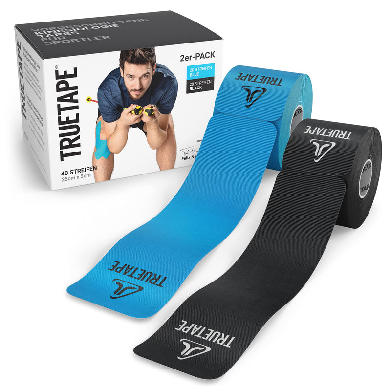 Truetape Kinesiology Tapes Pre-Cut - 40 Stripes Kinesiology Tape (25 Cm X 5 Cm) | Waterproof & Elastic Kinesiology Tape | Particularly High Elasticity I Skin-Friendly Sports Tapes I Blue & Black - NewNest Australia