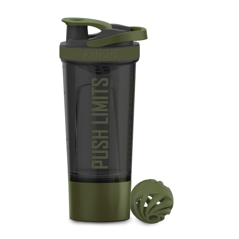 Artoid Inspirational Fitness Workout Sport Protein Shaker Bottle 680 ml, Dual Mixing Technology with Shaker Balls & Mixing Grids Included, Twist and Lock Protein Box Storage Included, Plastic Black/Green - NewNest Australia