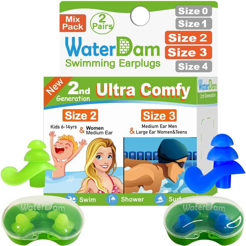 Waterdam Swimming Ear Plugs Waterproof Ultra Comfortable Prevent Float Earplugs (Size 2+3: Small Medium Ears For Men (Green) And Medium Ears Teen Women (Blue) - NewNest Australia