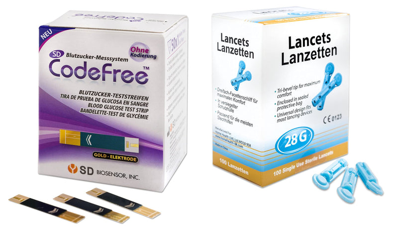 SD CodeFree blood sugar test strips value pack - 100 pieces of diabetes tests to check blood sugar (diabetes) + 50 blood lancets size 28G - NewNest Australia