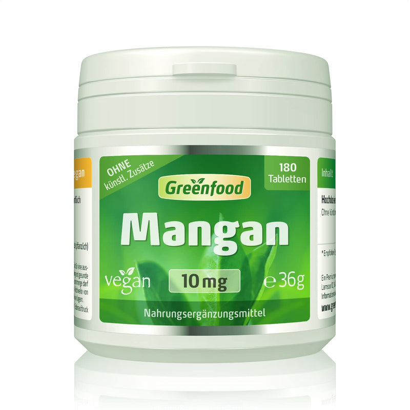 Greenfood Manganese, 10 mg, high dose, 180 tablets, vegan - for bones and connective tissue formation. WITHOUT artificial additives, without genetic engineering. 1.00 g (180 pack) - NewNest Australia