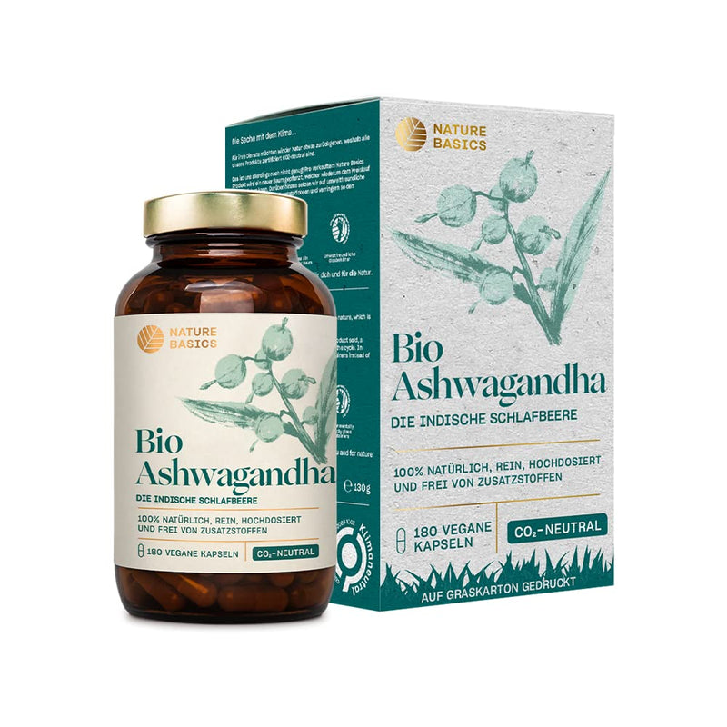 Nature Basics Organic Ashwagandha Certified & Sustainable In Glass | 180 Capsules High Dose & Pure | 750Mg Per Capsule & 3,000Mg Per Daily Dose | Ayurveda Dietary Supplement | Laboratory Tested & Co2 Neutral - NewNest Australia