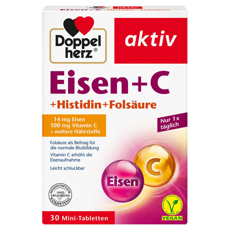 Doppelherz Iron + C + Histidine + Folic Acid - Folic Acid As A Contribution To Normal Blood Formation - Vitamin C Increases Iron Absorption - 30 Easily Swallowable Mini Tablets - NewNest Australia