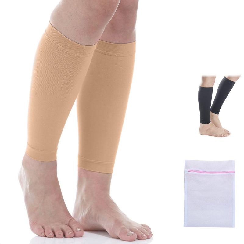 360 Relief Compression Calf Support Strut - For Torn Muscle Cramps Sports | Workout, Shin Splints Syndrome, Circulation, Fitness, Running, Jogging | X-Large, Beige With Mesh Laundry Bag - NewNest Australia