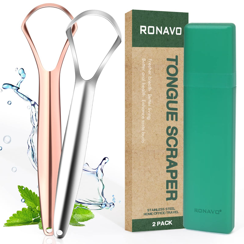 Ronavo Tongue Scraper (2 Pieces), Tongue Cleaner Healing Bad Breath (Medical Quality), Stainless Steel, Bpa Free, Metal Tongue Scraper, Tongue Brush Fresh Breath In Seconds L Tongue Cleaner -2 Color - NewNest Australia