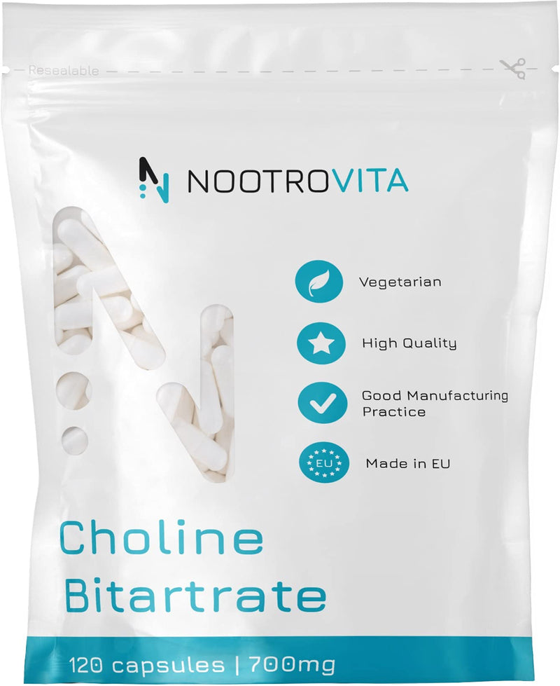Choline high dose 700mg - 120 choline capsules, bitartrate | For liver function, memory, brain and concentration | Vegan, Gluten Free | Manufactured in ISO-certified companies | Nootrovita - NewNest Australia