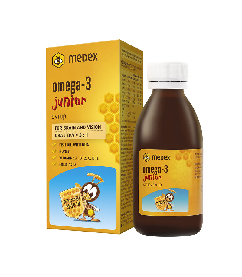 Medex Omega 3 Children'S Junior Syrup, 74% Honey Based - 143 G Honey, Excellent Taste, 250 Mg Dha, 50 Mg Epa; Added Vitamins A, B12, C, D, E, Folic Acid, From 3 Years, 140 Ml - NewNest Australia