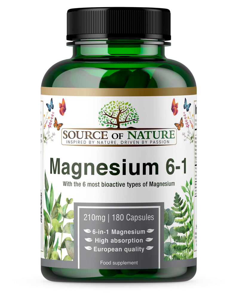 Source of Nature® | 6-in-1 Magnesium 210mg | 6 bioactive magnesium varieties | 180 capsules | Scientific formulation of magnesium L-threonate, malate, taurate, bisglycinate, citrate and oxide - NewNest Australia