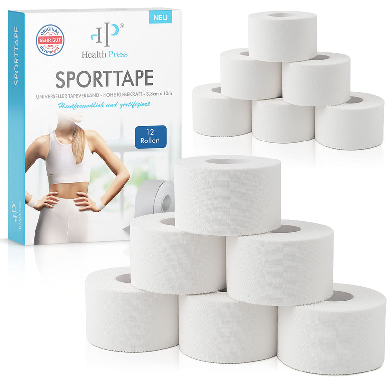 Health Press sports tape - 12 tape rolls (3.8cm x 10m) - sports tape white - tearable professional sports tape - sports tape bandage for all sports 12 rolls of 10m white - NewNest Australia