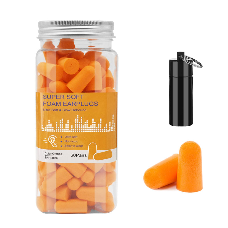 Super Soft Ear Plugs For Sleeping, 38Db Highest Snr 60 Pairs, Ear Plugs For Sleeping With Aluminum Carry Case, For Snoring, Learning, Travel, Concerts, Loud Sounds (Orange) - NewNest Australia