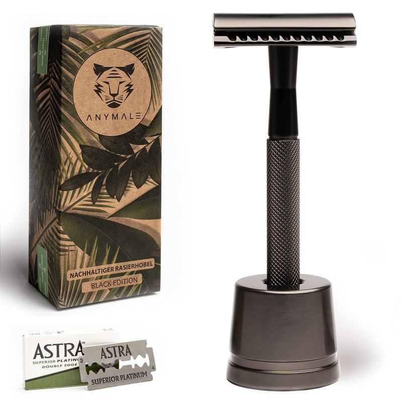 ANYMALE® safety razor Black Edition - set with stand and 5 ASTRA blades - zero waste razor for men and women 3. Black - NewNest Australia