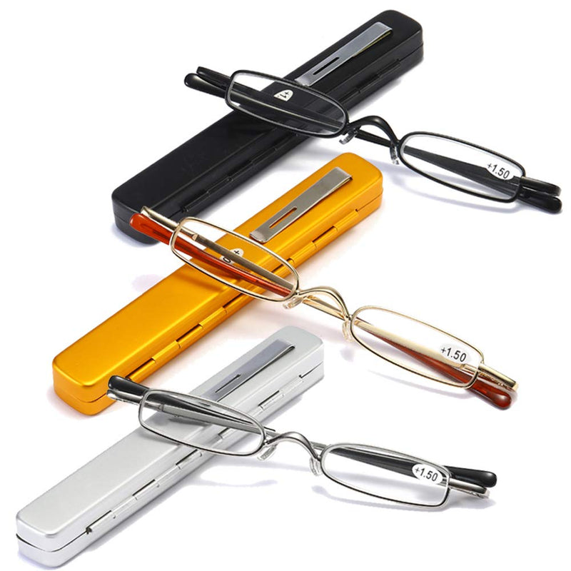MMOWW Pack of 3 Mini Metal Reading Glasses Women Men Spring Hinge Classic Small Narrow Lightweight Reading Aid Visual Aid Glasses with Case (Black+Gold+Silver,+1.5) Black+Gold+Silver 1.5 x - NewNest Australia