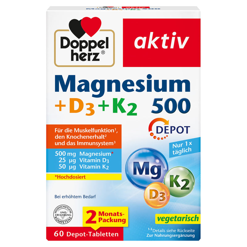 Doppelherz Magnesium 500 + D3 + K2 - High-dose magnesium as a contribution to the normal function of the muscles and nervous system - 60 vegetarian depot tablets Unlimited 60 tablets - NewNest Australia
