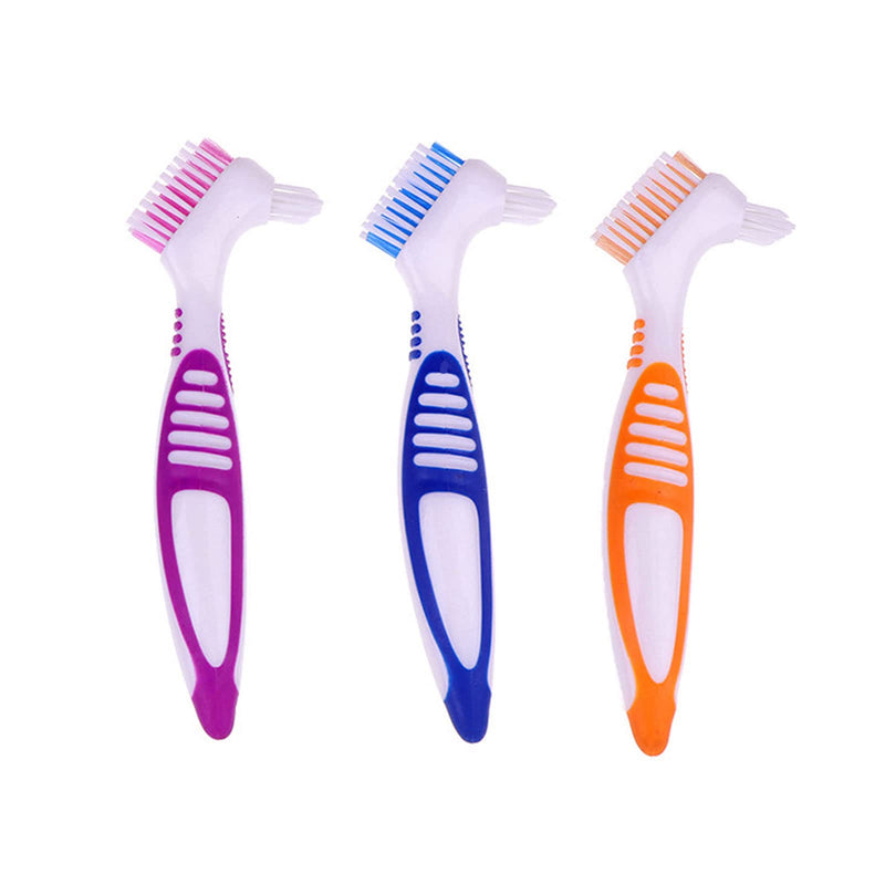 Premium Denture Cleaning Brush Set with Multi-Layer Bristles and Ergonomic Rubber Handle, Portable Double Sided Denture Brush for False Teeth Cleaning, 3 Pieces (Blue, Orange, Purple) - NewNest Australia