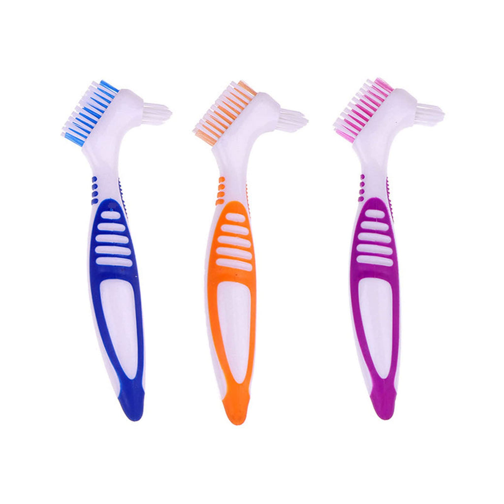 EvaGO Denture Cleaning Brush with Multi-Layer Bristles and Ergonomic Rubber Handle, Portable Denture Brush, Double-Sided Brush for False Teeth Cleaning (Blue, Purple, Orange) - NewNest Australia