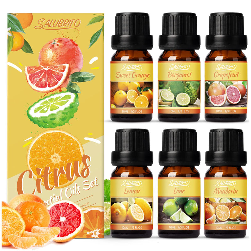 Salubrito Citrus Fragrances Essential Oils Set For Diffusers, Natural Fragrance Oils For Diffusers, 6 X 10 Ml, Sweet Orange, Bergamot, Grapefruit, Lemon, Mandarin, Lime - NewNest Australia