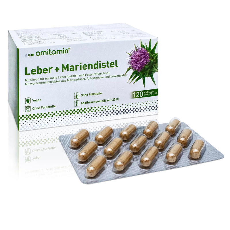 Amitamin Liver + Milk Thistle, German Pharmacy Quality, 120 Capsules For 4 Months, High Dosage, Milk Thistle, Dandelion And Artichoke Extract, Silymarin Content 80% Plus Choline, Vegan - NewNest Australia