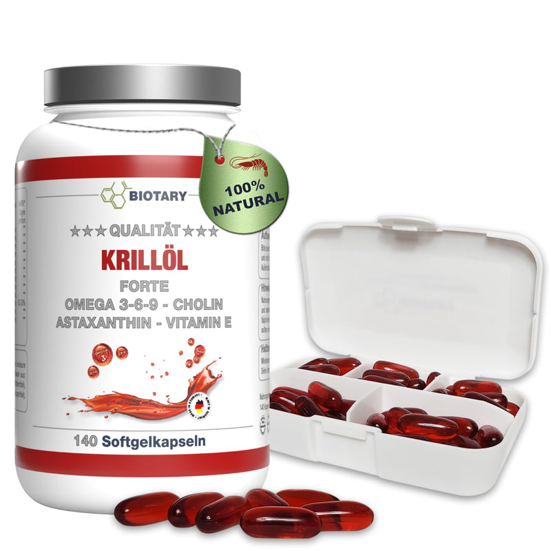 BIOTARY krill oil soft gel capsules, 140 capsules, 1040 mg daily portion, including pill box, Omega 3, 6, 9, astaxanthin, vitamin E, choline, phospholipids, laboratory tested, in premium quality, phospholipids 2-piece set - NewNest Australia