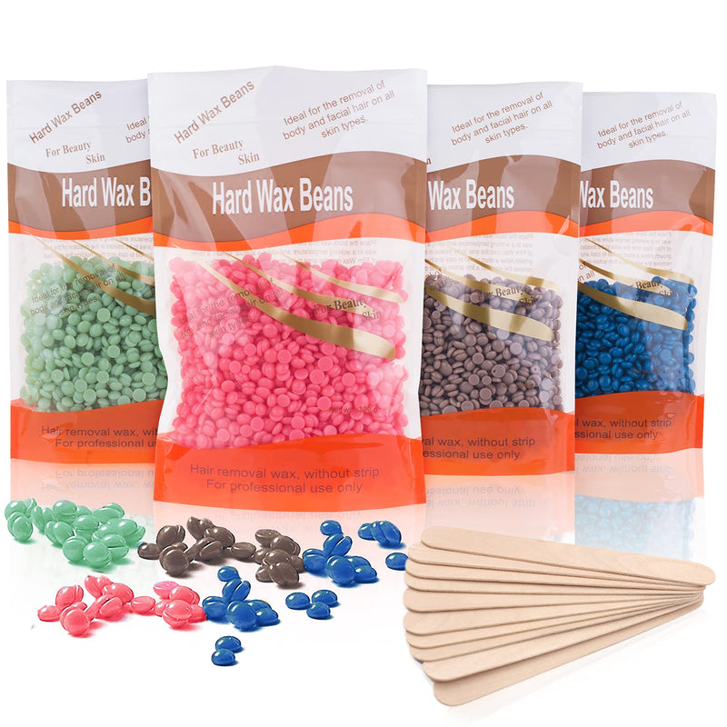Wax beans for hair removal, wax beads for full body depilation, 400g wax beans and 10 wooden spatulas (4 pack) - NewNest Australia