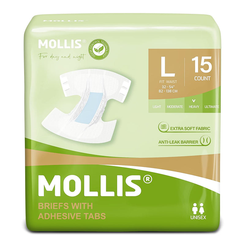 Mollis Adult Nappies Nappy Pants For Men And Women, Incontinence Briefs With Tabs, Maximum Absorbency, Leak Protection Overnight, Unisex, Size Large (Pack Of 15) - NewNest Australia