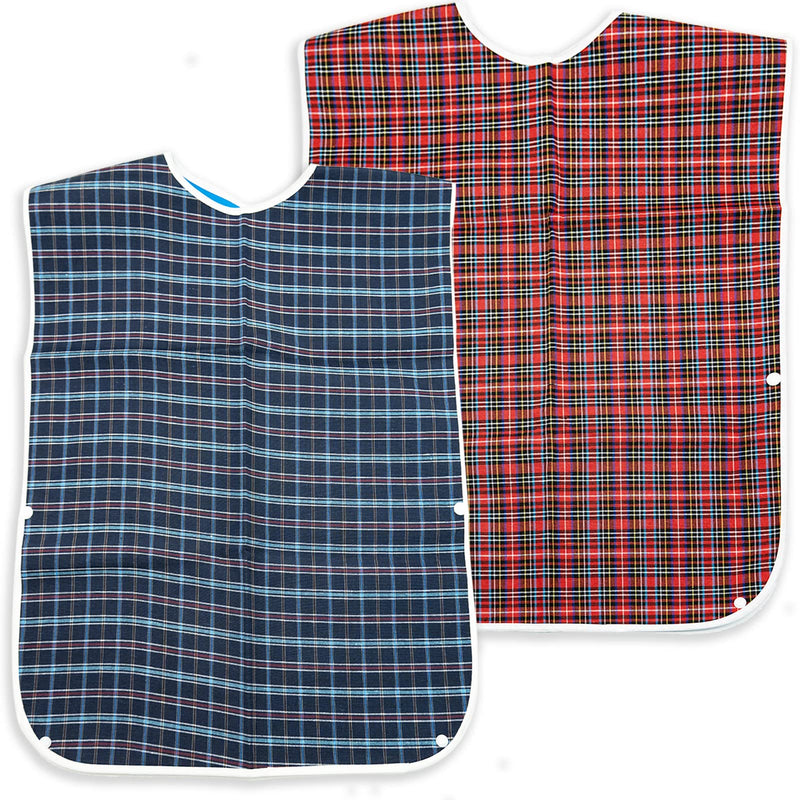 2 Pack Adult Eating Bibs With Optional Collection Container Disability Aid Waterproof Bibs Clothing Protector - Long Washable Reusable For Seniors And Olders, Blue, Red, L - NewNest Australia