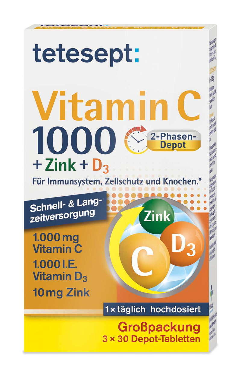 Tetesept Vitamin C 1000 + Zinc + D3 - Dietary Supplement To Support The Immune System, Cell Protection And Bones - Vitamin Tablets - 3 X 30 Tablets Tetesept Vitamin C 1000 + Zinc + D3 - NewNest Australia