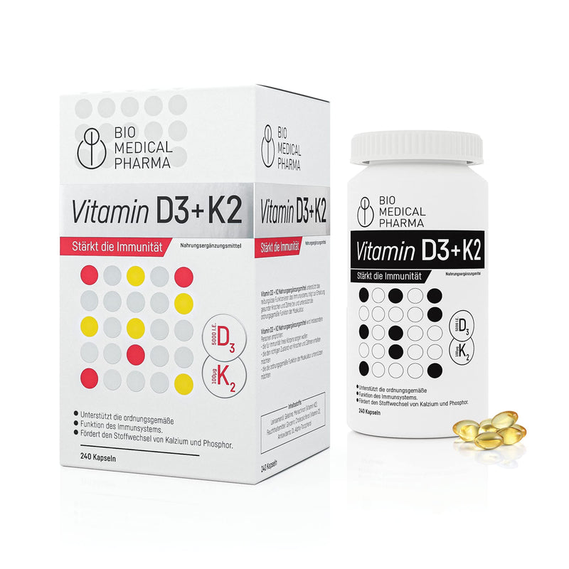 Vitamin D3 K2 MK-7 High dosage - 240 softgel capsules - 5000 IU vitamin D and 100mcg vitamin K2 MK7 - High bioavailability Vitamin D K2 with linseed oil - No additives - NewNest Australia