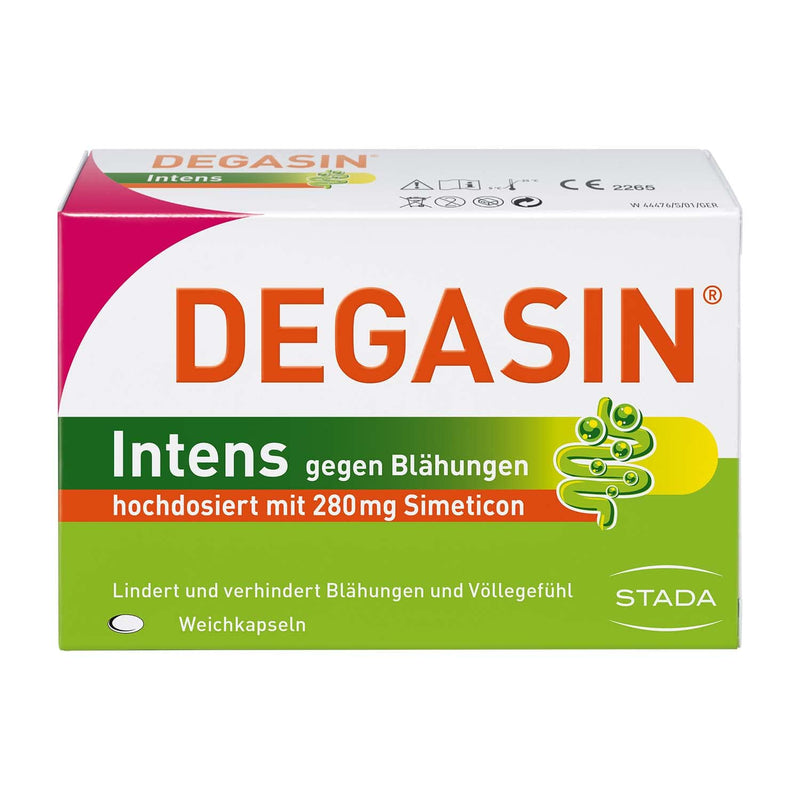 DEGASIN Intens - high-dose preparation with 280 mg simeticone - relieves flatulence, gastrointestinal problems and a feeling of fullness - 1 x 32 soft capsules - NewNest Australia