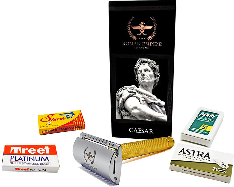 Roman Empire Shaving Double Thread Caesar Gold Safety Razor By Roman Empire Shaving, Classic Razor, Steel Safety Razor With 20 Blades (Astra-Derby Shark Treet) - NewNest Australia