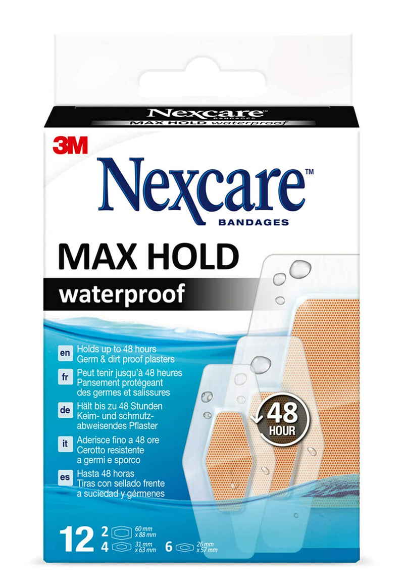Nexcare Max Hold Waterproof Plasters, Various Sizes, 12 Plasters Per Pack, Breathable And Waterproof Plasters For Small Wounds And Scratches, Plasters For First Aid Kits - NewNest Australia