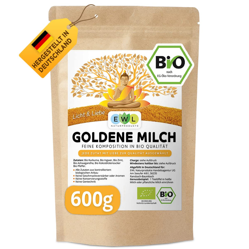 Ewl Natural Products Organic Golden Milk 600G, Golden Milk With Turmeric, Ginger, Ashwaganda, Ceylon Cinnamon, Ceylon Pepper, Coconut Blossom Sugar 600G (Pack Of 1) - NewNest Australia